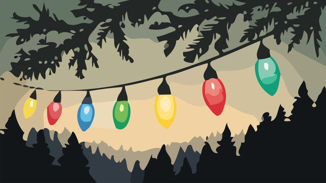 Festive holiday string lights hanging from pine branches create a warm, inviting Christmas atmosphere