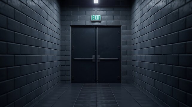 Dark imposing hallway with a double door at the end and a glowing green exit sign above the entrance