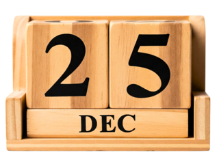 Wooden block calendar displaying the date of December twenty five on a transparent background