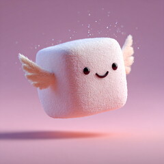 floating marshmallow with tiny wings, pastel pink background, playful fantasy still-life