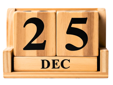 Wooden block calendar displaying the date of December twenty five on a transparent background - Powered by Adobe