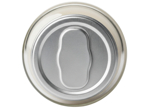 Top view of closed aluminum beverage can lid with metal pull tab on a transparent background
