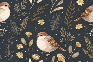 Charming watercolor illustration of sparrows perched among delicate botanical elements and wildflowers on a dark background