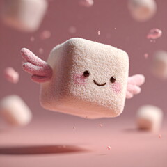 floating marshmallow with tiny wings, pastel pink background, playful fantasy still-life