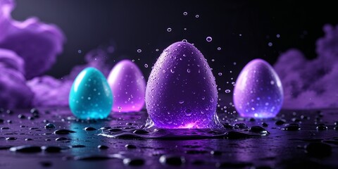 "Cosmic Ovoids" - Mysterious Glowing Eggs Emerging from Dark Liquid in Neon Light