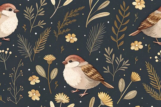 Charming watercolor illustration of sparrows perched among delicate botanical elements and wildflowers on a dark background