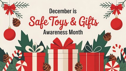 December is safe toys and gifts awareness month with festive holiday decorations and presents promoting child safety during christmas