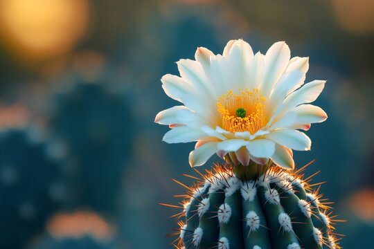 Cactus flower blooming at sunset in desert environment