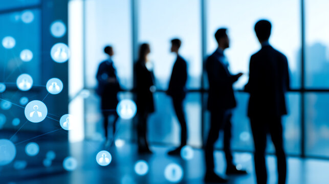 Silhouettes of business professionals engage in conversation by a large window, overlaid with digital network icons symbolizing connectivity and communication