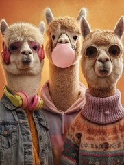 Fototapeta premium Tres alpacas con estilo, cada una con su propio look y actitud.