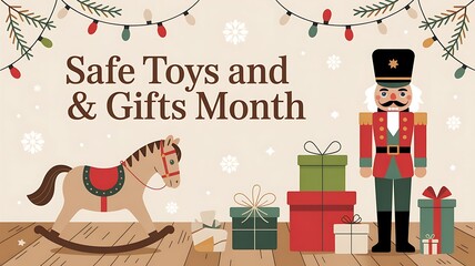 Celebrate safe toys and gifts month with a classic nutcracker toy and rocking horse surrounded by festive presents and holiday lights