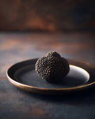 luxury still life of black truffle on dark matte plate, dramatic soft light, high-end food photography, premium minimal style, crisp details, studio shadows