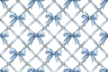 Naklejka premium Delicate watercolor seamless pattern featuring light blue bows and a subtle grey lattice background for elegant design
