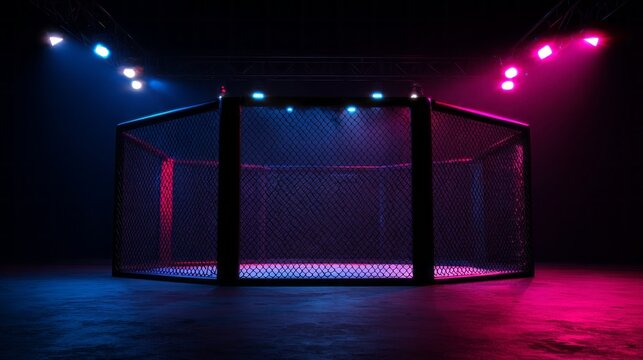 A boxing ring with a purple and blue light