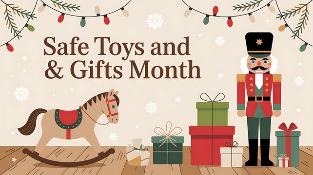 Celebrate safe toys and gifts month with a classic nutcracker toy and rocking horse surrounded by festive presents and holiday lights - Powered by Adobe