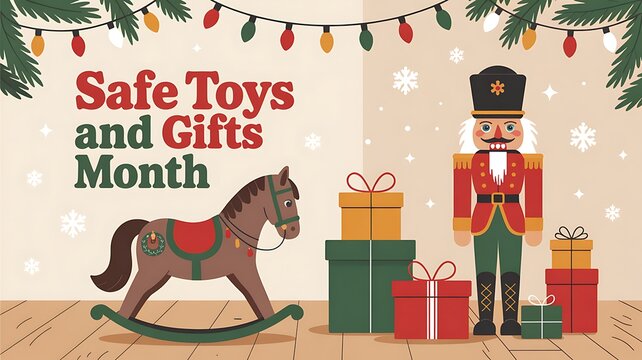 Celebrate safe toys and gifts month with festive decorations and classic holiday items like a nutcracker and rocking horse