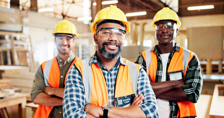 Carpenter, portrait and people with arms crossed, warehouse and happy for craftsmanship or woodwork. Confident, artisan and team with smile for production, manufacturing and career growth in factory