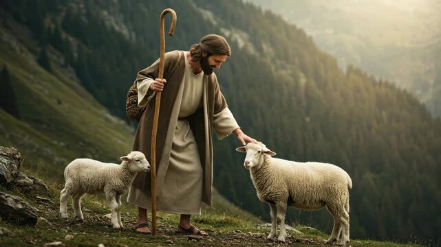 Man shepherd tending to ewe and lamb in mountains. Good shepherd parable, christianity, and religious devotion concept.