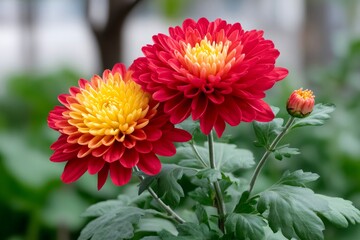 Red and yellow chrysanthemums blooming in a garden