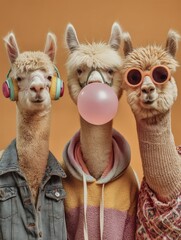 Fototapeta premium Tres alpacas con estilo posando con actitud.