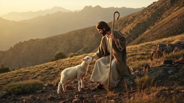 Man as a good shepherd on a mountain with a lamb at sunset, parable of the lost sheep, Christianity