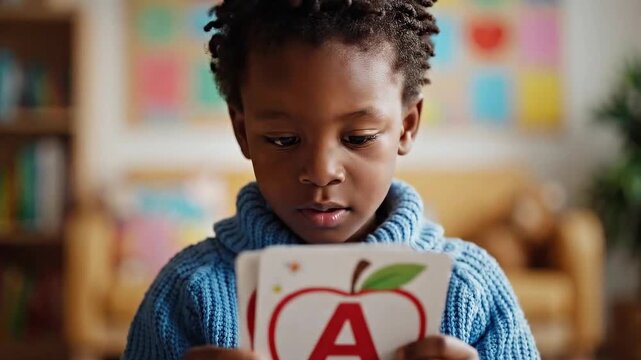 Boy Engaged in Early Learning with Flashcards - Exploring Alphabet Concepts