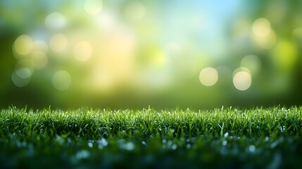 Obraz premium Close-up view of fresh green grass under soft sunlight in a tranquil outdoor setting