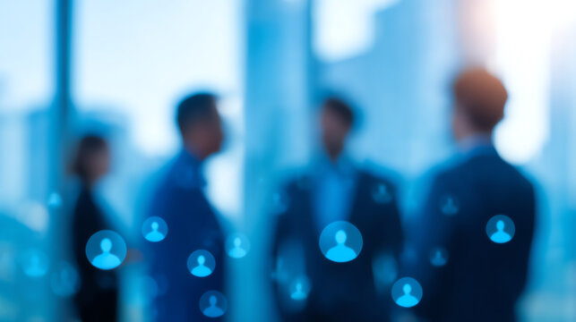 Four business professionals are blurred in the background with digital user icons overlayed, symbolizing networking, communication, and connectivity in a corporate environment