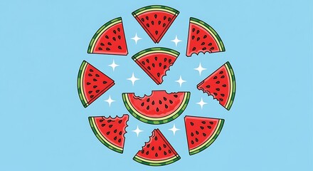 Vibrant Watermelon Slices Arranged in a Circular Pattern on Blue Background.