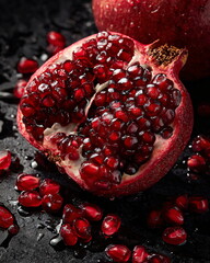 single pomegranate split open with glowing ruby seeds, luxury food macro shot, dark premium backdrop