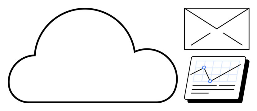 Cloud outline, email envelope, and analytics dashboard with graph represent data storage, communication, and insights. Ideal for technology, cloud computing, email, analysis productivity remote