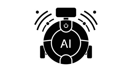 Black silhouette of a round robot with AI text, antenna, and wheels, emitting signals.
