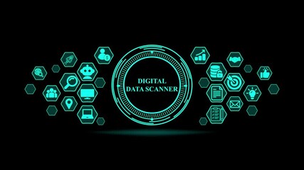 Digital Data Scanner Interface with Technology Icons on Black Background . Technology, Internet and network concept 4k video . - Powered by Adobe