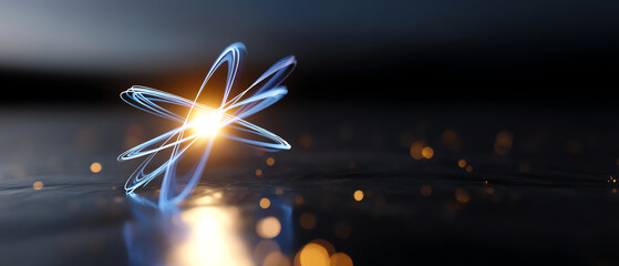 A glowing atomic structure with orbiting paths surrounds a bright nucleus, set against a dark, reflective surface with scattered light bokeh effects