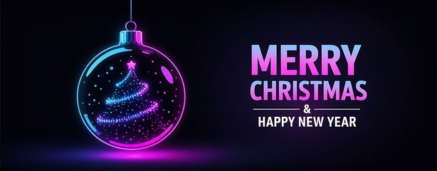 Vibrant neon glowing christmas ornament with a stylized tree inside and merry christmas happy new year text