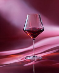 crystal glass of red wine with reflections, deep burgundy palette, minimal background, premium product lighting