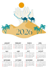 Islamic calendar template for 2026. Vertical design with islamic theme vector. Vector illustration page template printable wall. Week starts on Sunday