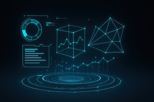 Futuristic Holographic UI Interface Display with Blue Glowing Data Points, Dark Background