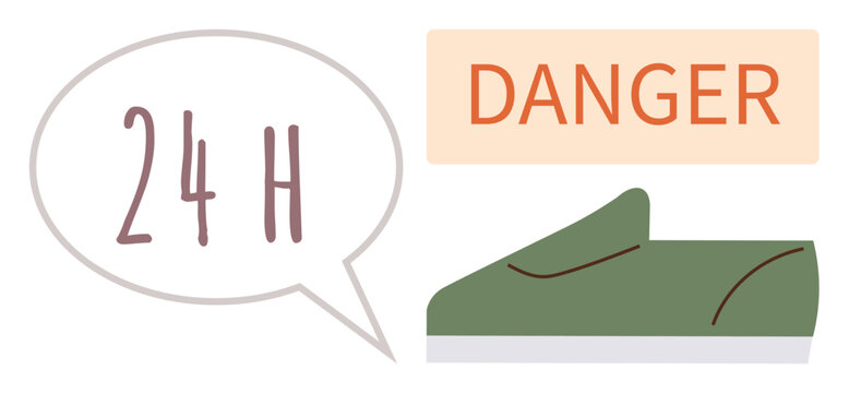 Green shoe with a white sole, speech bubble with 24 H, and orange DANGER banner. Ideal for safety, footwear, caution, alert, time-critical warnings, workplace hazards simple flat metaphor