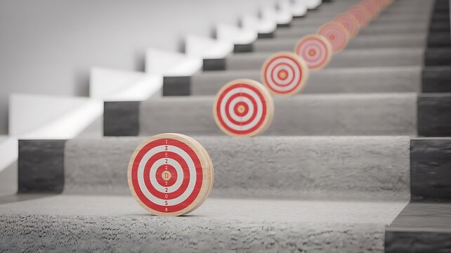 A series of red and white circular targets arranged in a diagonal line ascending a concrete staircase symbolizing goals and progress - Powered by Adobe