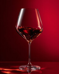 crystal glass of red wine with reflections, deep burgundy palette, minimal background, premium product lighting