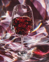 crystal glass of red wine with reflections, deep burgundy palette, minimal background, premium product lighting