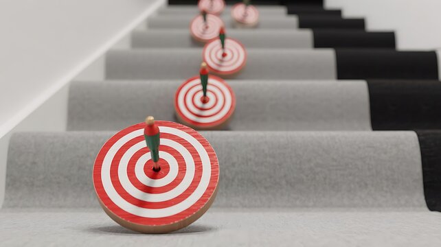 A series of dartboards with darts embedded in their centers arranged in a descending line on a staircase symbolizing progress and achievement