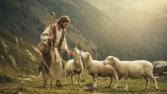 Good shepherd man interacting with three sheep in a green mountain landscape, depicting christian biblical concept.