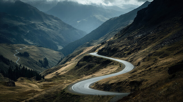 Winding mountain road through mountainous scenery for travel theme design promotion material