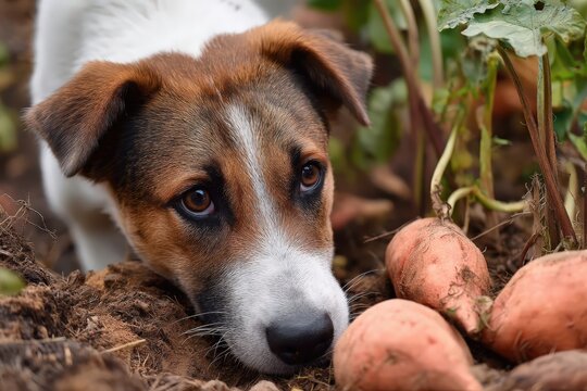 Un Jack Russell Terrier con expresi&oacute;n curiosa observa una pila de boniatos reci&eacute;n desenterrados en un jard&iacute;n.