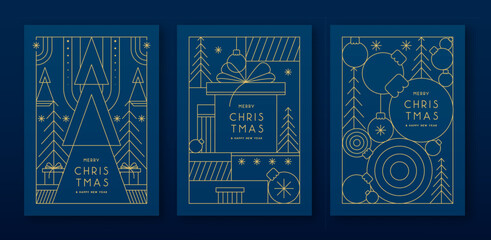 Obraz premium Set of modern Christmas frames or holiday greeting cards on blue background. Line art vector illustration