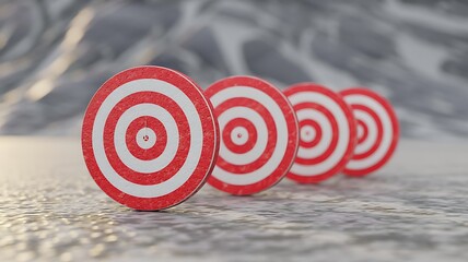 Row of red and white circular targets lined up in a row on a textured surface with a blurred background
