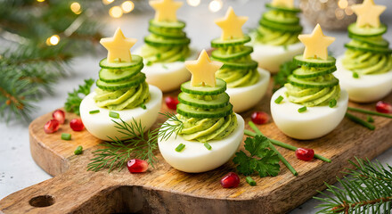 Holiday Deviled Eggs Styled as Christmas Trees with Cucumber, Chive, and Star Cheese Topper