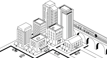 Isometric view of a modern city skyline with a train on an elevated track
